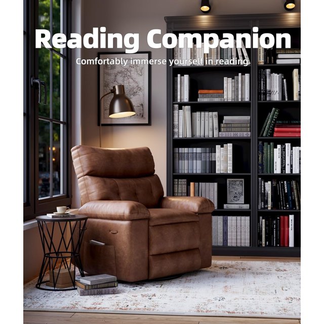 Oversized Swivel Recliner Chair with 360° Rotation & Rocking Function, Manual Reclining Lounge Chair with Heat and Massage, PU Leather Seat for Living Room, Bedroom & Nursery, Retro Brown, Khaki, Grey