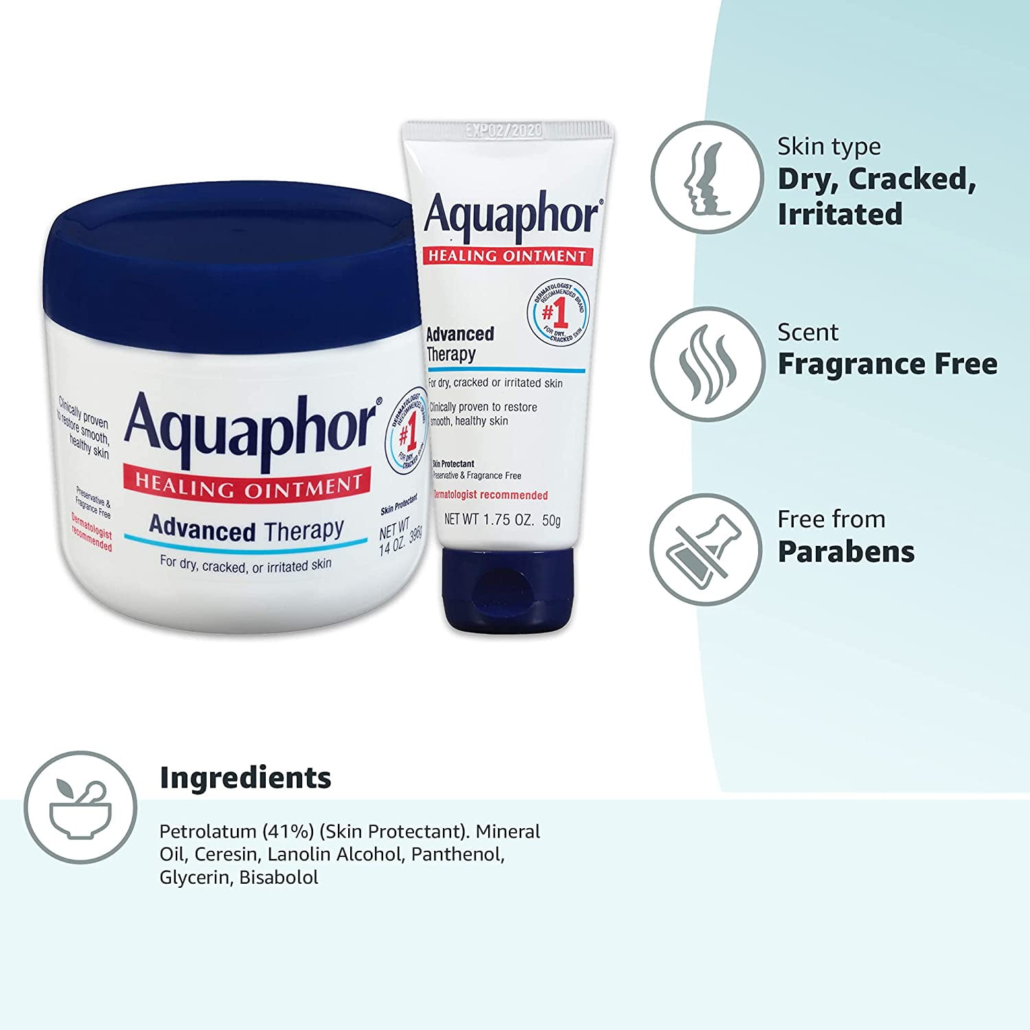 Aquaphor Healing Ointment - Variety Pack, Moisturizing Skin Protectant For Dry Cracked Hands, Heels and Elbows - 14 oz. jar + 1.75 oz. tube