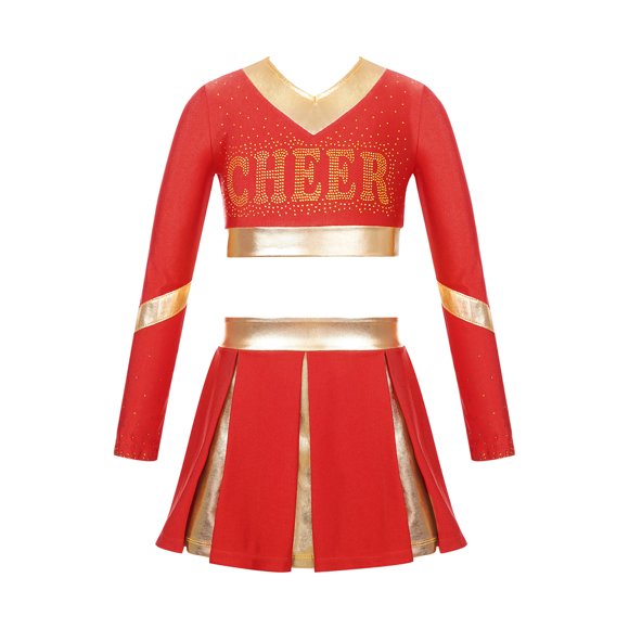 Eandarui Girls Cheerleading Outfits Long Sleeve Dance Crop Top with Skirt Schoolgirl Uniform Cheer Dress Cosplay Party Costume Red 16