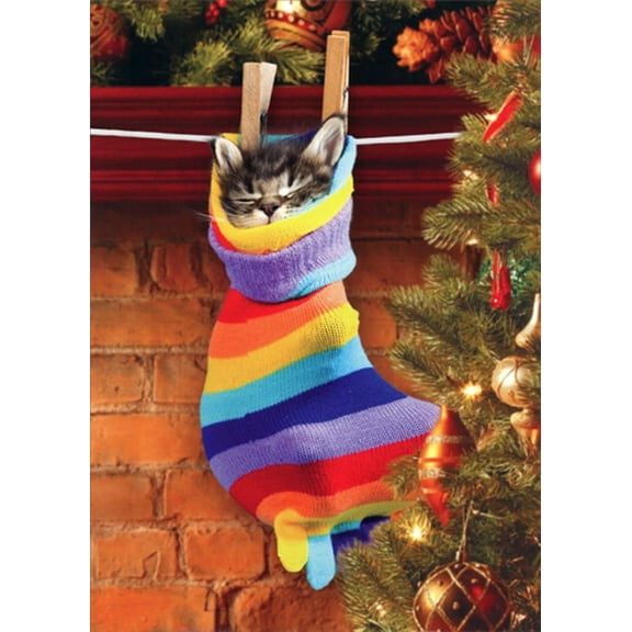 Northern Exposure Sleeping Cat Inside Colorful Striped Stocking Cute Kitten Box of 12 Christmas Cards