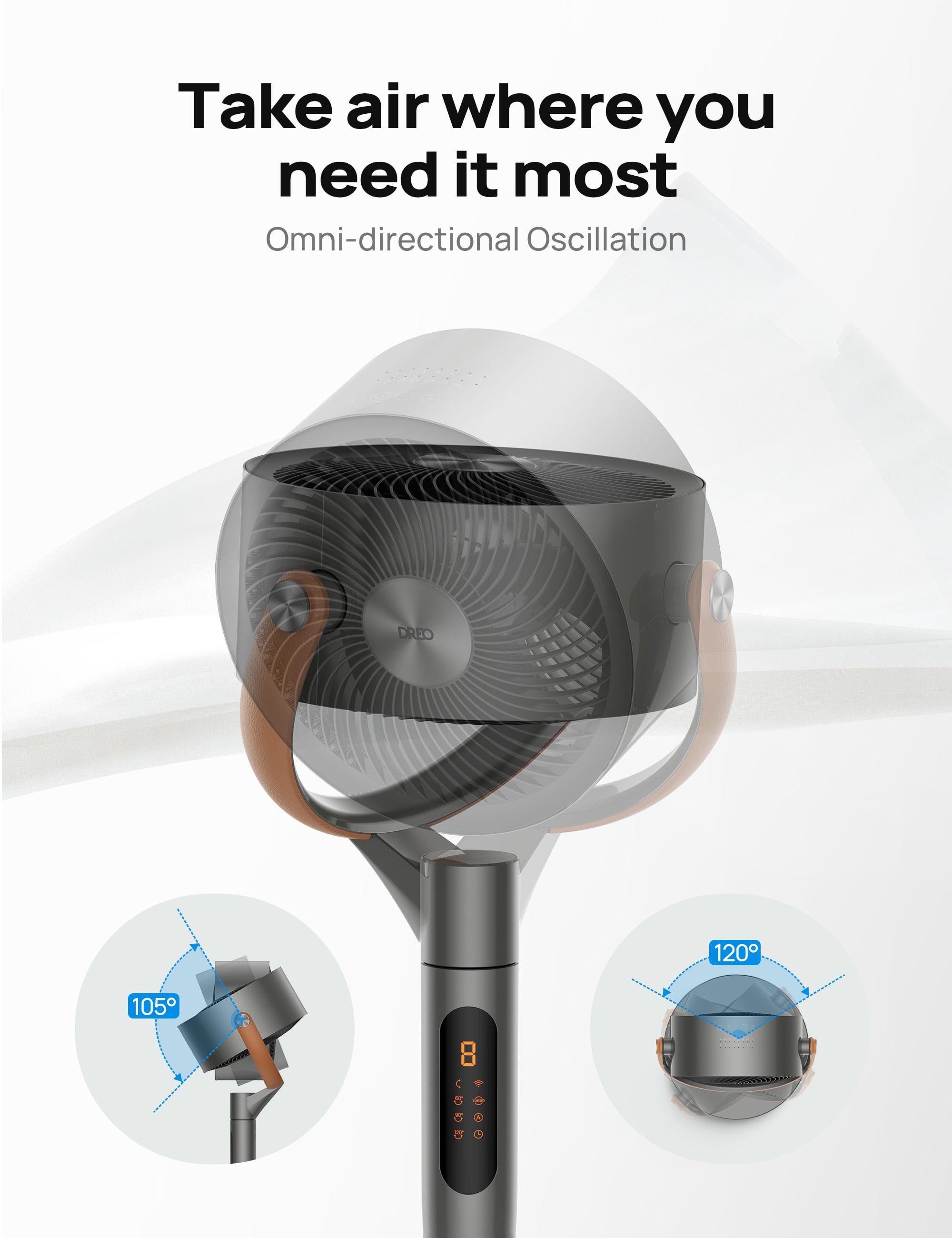 DREO Pedestal Fan with Remote, 43'' Quiet Standing Fan for Home Bedroom, 120°+105° Smart Oscillating Floor Fans with Wi-Fi/Voice Control, Works with Alexa/Google, 6 Modes, 8 Speeds, 12H Timer