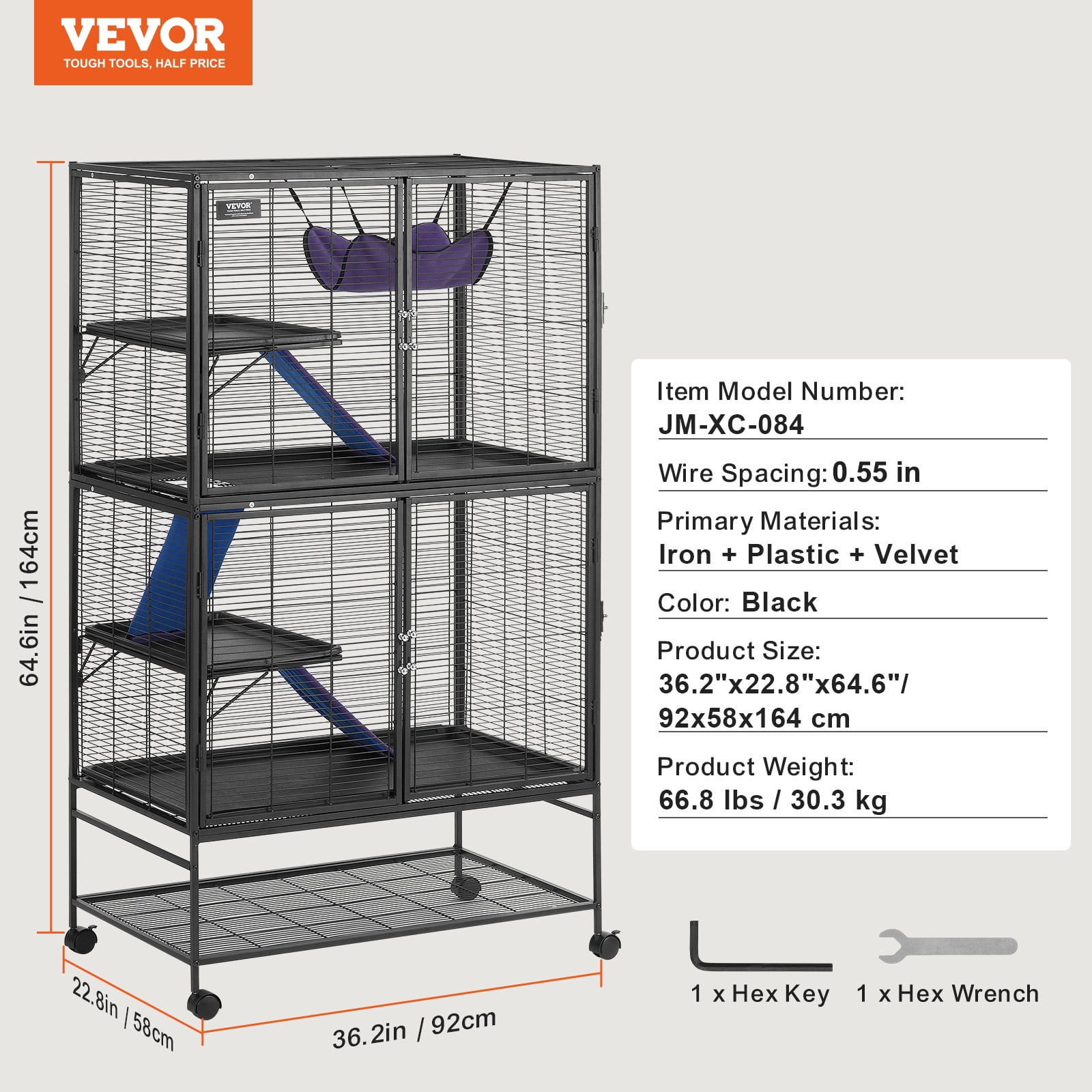 VEVOR 64.6" Rolling Metal Ferret Cage, Large 4-Tier Small Animal Cage with Ramps & Tray, Easy to Set up for Pet Rats, Hamster, Guinea Pig, Chinchilla, Squirrel, Hedgehogs, Bunny