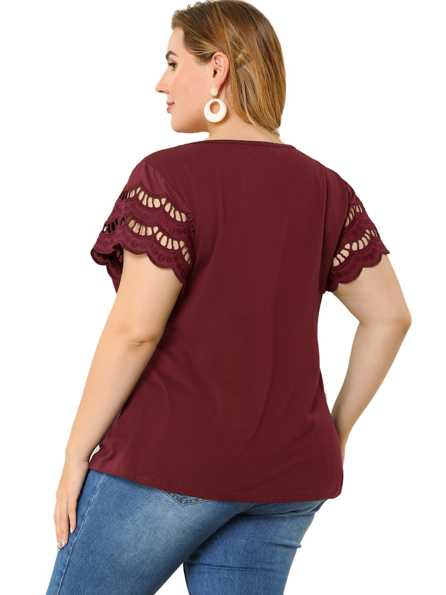 DARING DIVA Women's Plus Size Round Neck Lace Panel Blouses L Wine Red