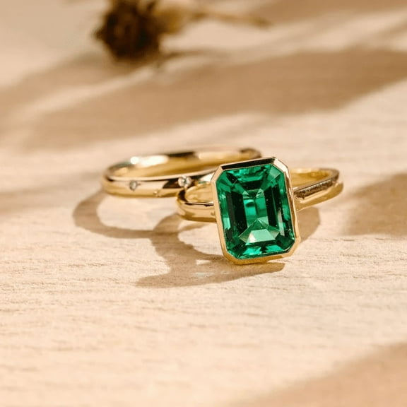 Emerald Cut Simulated Emerald Engagement Ring Set in 14K Yellow Gold Vermeil- Wedding Band Set- May Birthstone