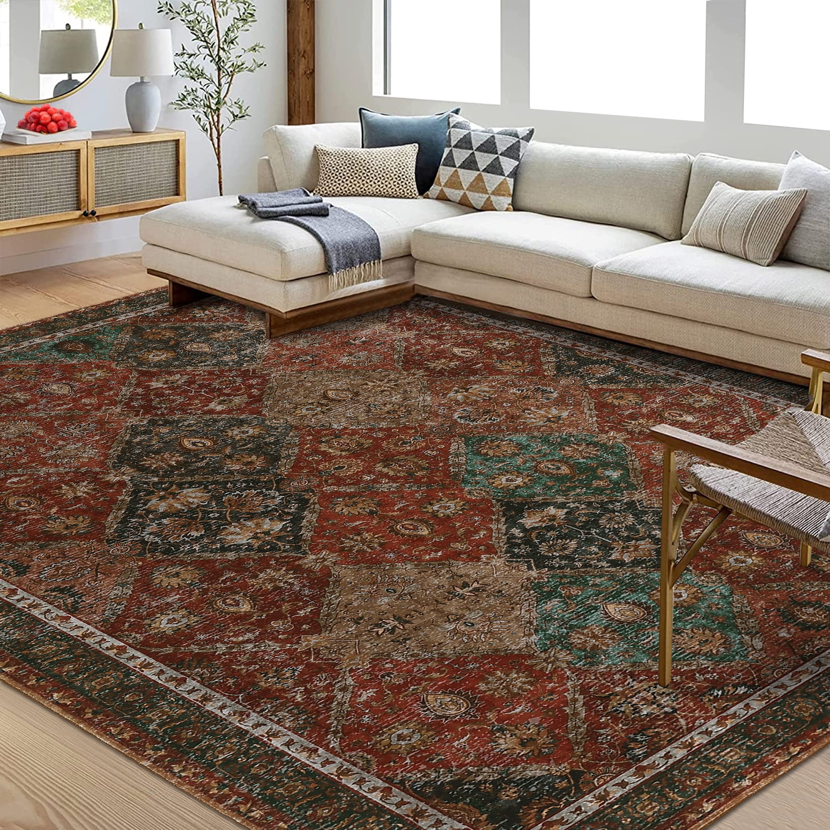 Garvee 5'x7' Area Rug, Washable Persian Rug Vintage Boho Carpet Non Slip Soft Print Rug for Bedroom Dining Room Living Room, Red