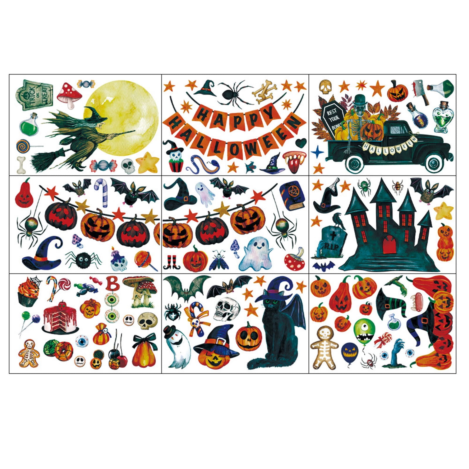9 Sheet Halloween Window Clings For Glass Pumpkin Bat Door Stickers