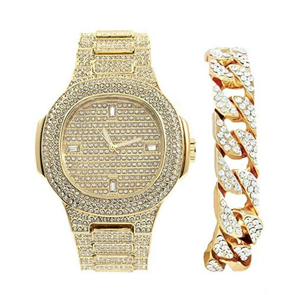 Bling-ed Out Cuban Bracelet with Oblong Iced Look Hip Hop Watch - 8475BC Cuban (8967 Gold Baguette)