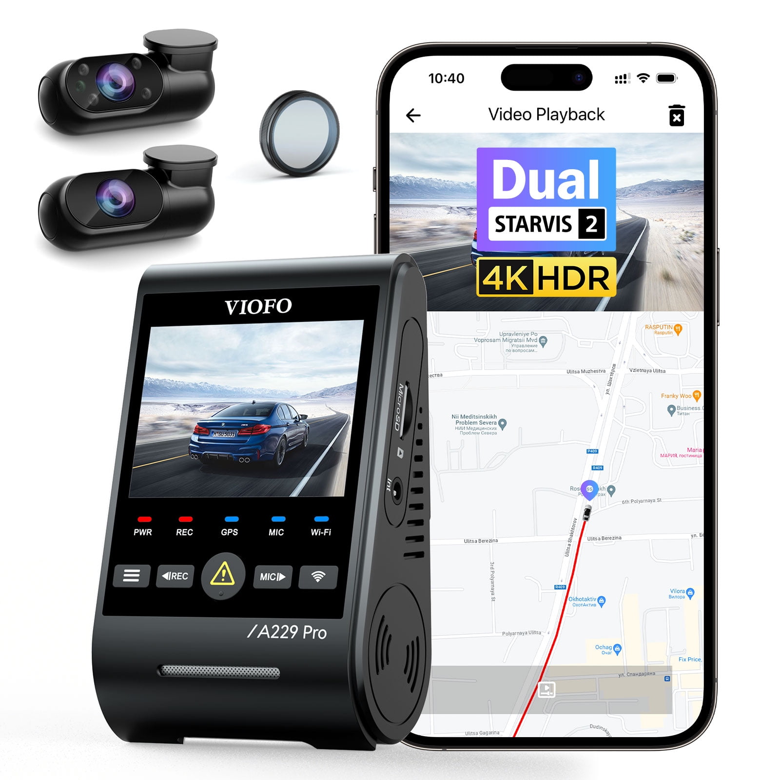 VIOFO A229 Pro 3 Channel 4K HDR Dash Cam, Dual STARVIS 2 Sensors, 4K+2K+1080P Front Inside and Rear, 5GHz WiFi, GPS, Voice Control, Parking Mode, Support 512GB Max
