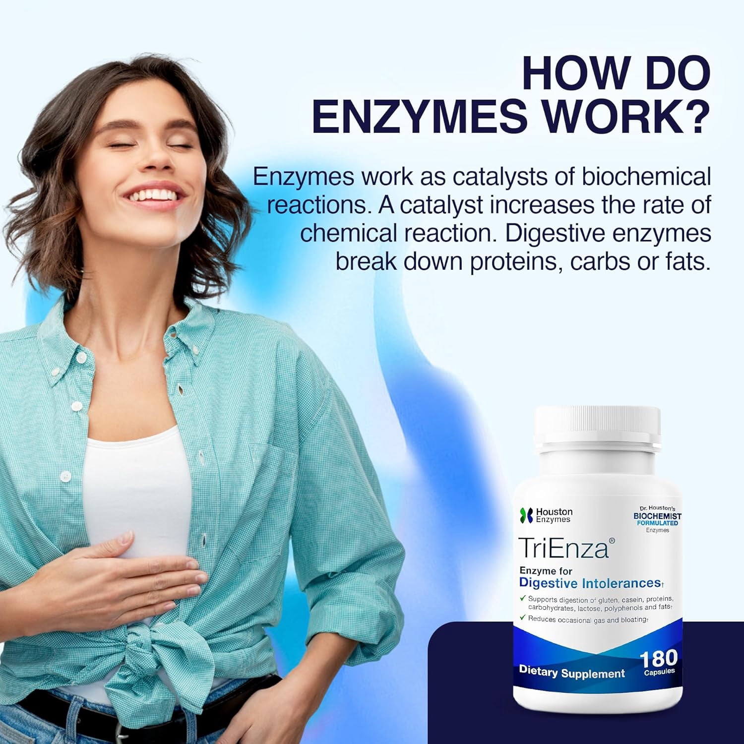 Houston Enzymes TriEnza Digestive Enzymes – Broad Spectrum Enzyme Supplement for Gut Health & Digestive Health Support – 180 Capsules