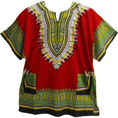 100% Cotton 2 Pocket - Unisex African Ethnic Dashiki Two Pocket Indian Cotton Tunic Shirt (Red)