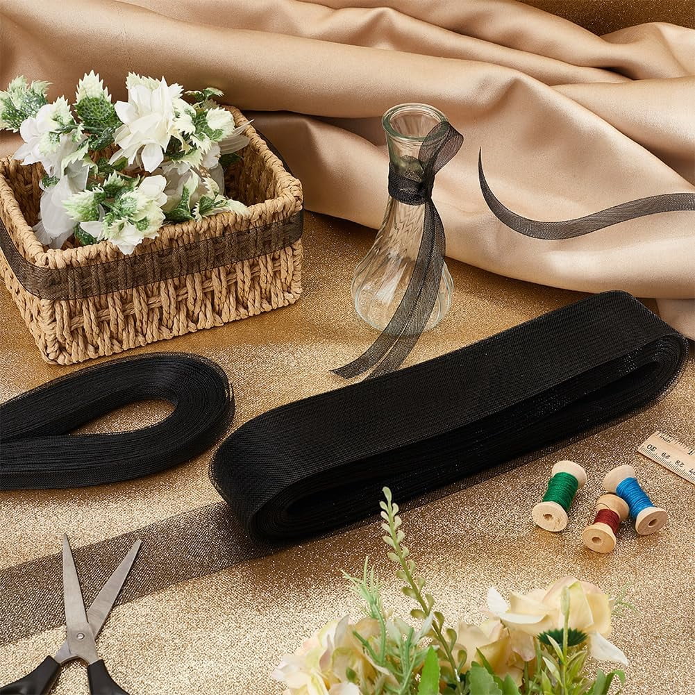 3 Rolls 3 Styles Polyester Gauze Ribbon Clothes Accessories Black 1/2~2 inch(12~50mm) 1 roll/style