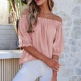 thumbnail image 5 of Off The Shoulder Short Sleeve for Women Summer Blouses Dressy Casual Boho Stretch Tops Pink L, 5 of 6