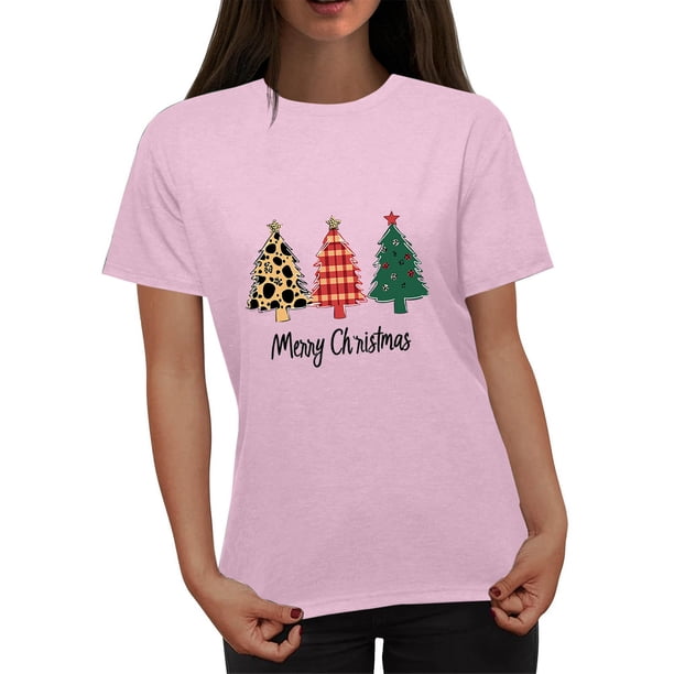 Fiudx Ofertas Del Día Blusa de Moda Informal con Cuello Redondo y Estampado Navideño para Mujer