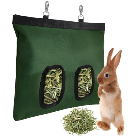 ACDANC Rabbit Hay Feeder, Bunny Hay Bag for Rabbits, 2 Holes Large Capacity 600D Oxford Cloth Fabric Hanging Hay Feeder Bag for Small Animal Green
