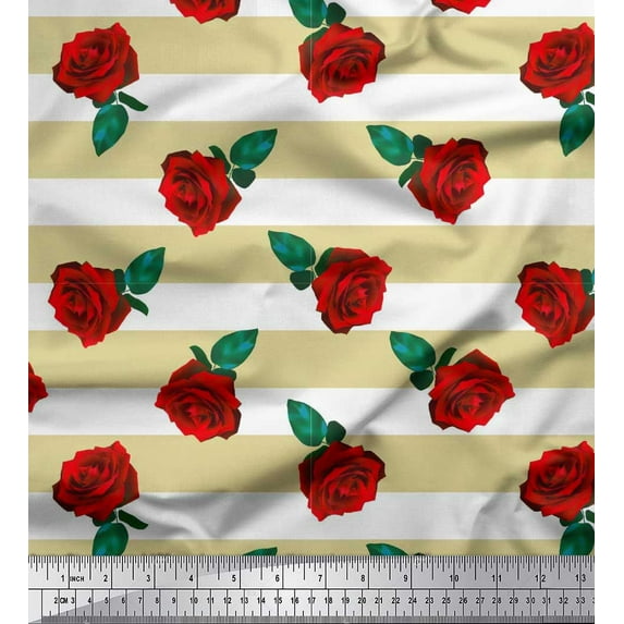 Soimoi Beige Georgette Viscose Fabric Stripe,Leaves & Rose Floral Print Fabric by the Yard 42 Inch Wide