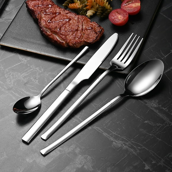 Set de Cubiertos de Acero Inoxidable | Juego de 4 Piezas | Cuchillo de Bistec, Tenedor, Cuchara | Acabado Pulido Espejo | Acero Inoxidable 410 | Mango Ergonómico | Cocina Occidental | Durable y