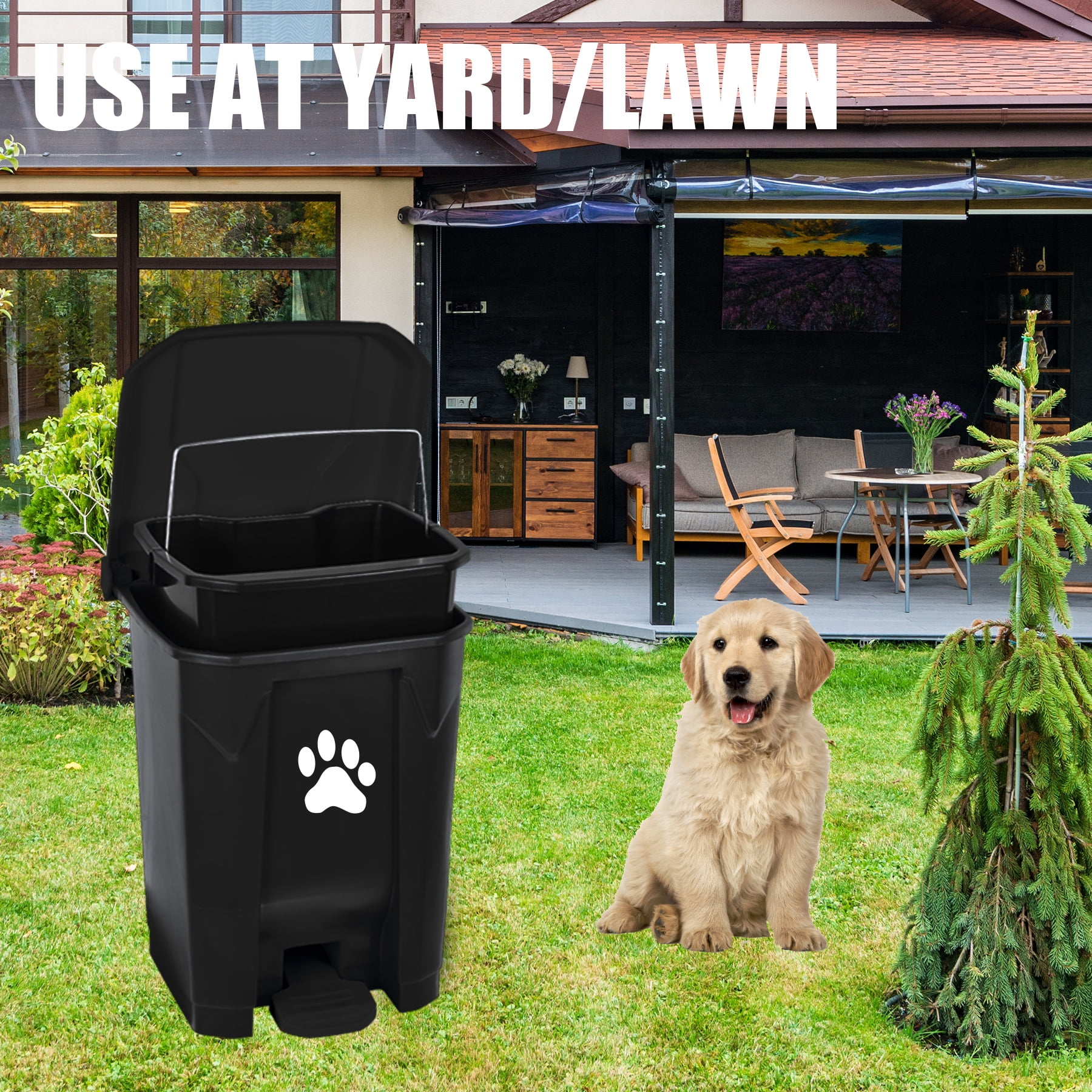 Dog Poop Trash Can Outdoors Pet Waste Station with Lid:15L Dog Waste Disposal Container with Removable Inner Bin Bucket Hands-Free Pedal Garden Yard Home with 5Rolls Waste Bags