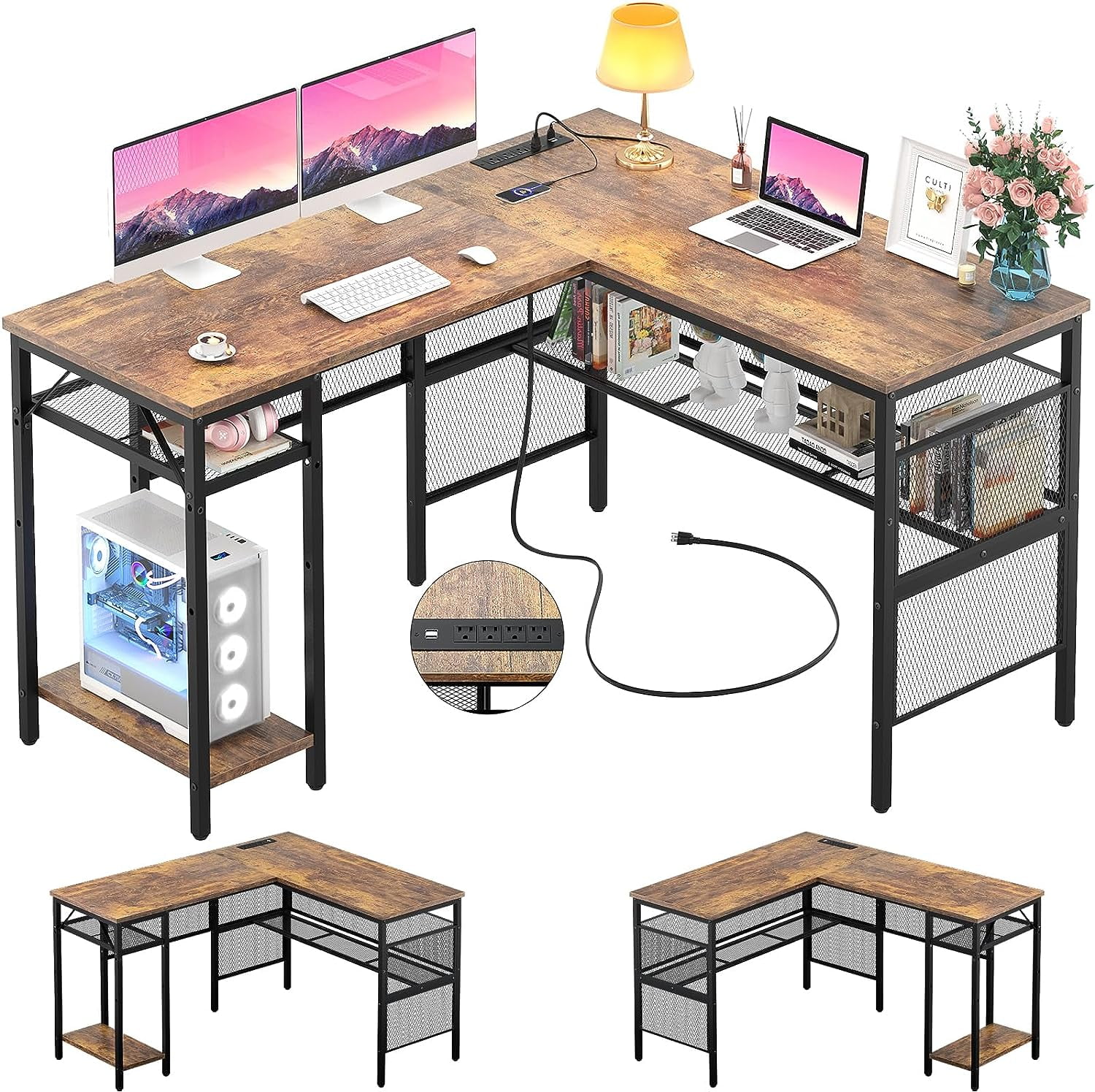 Homieasy L Shaped Desk with Power Outlet and USB Charging Port, Reversible Corner Desk Gaming