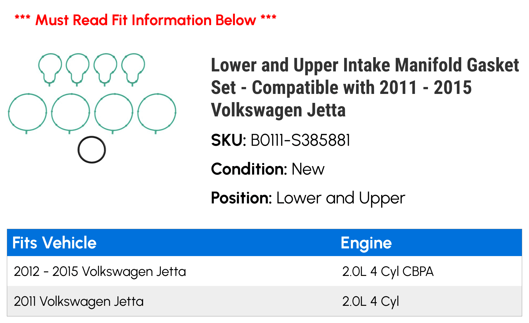Lower and Upper Intake Manifold Gasket Set - Compatible with 2011 - 2015 Volkswagen Jetta 2012 2013 2014