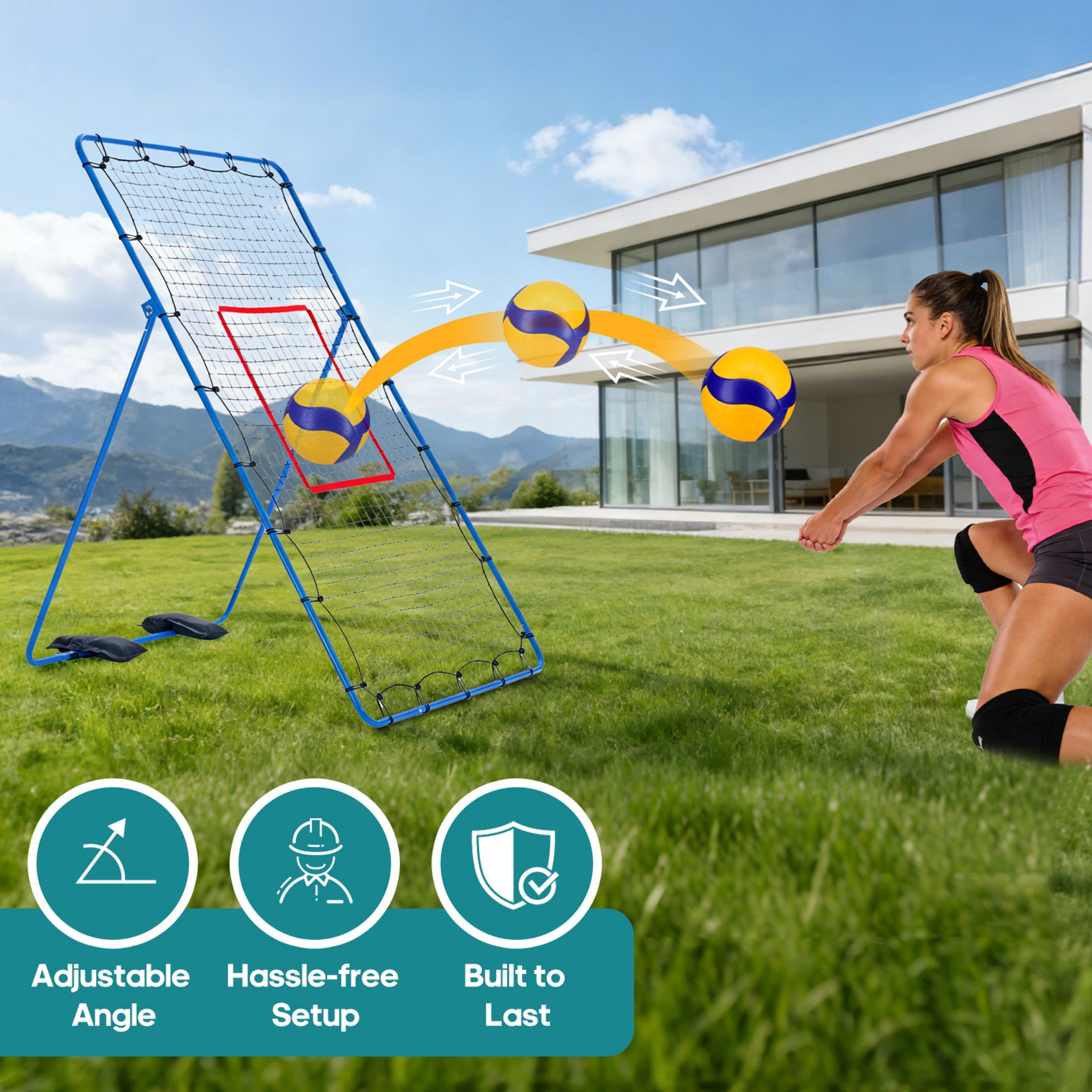 SHOUFTW 7x4 ft Volleyball Rebounder Net-Multi-Sport Training Bounce Back Net with Carry Bag, 5 Angle Adjustments for Indoor & Outdoor Practice, Blue