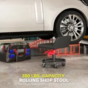 Rolling Creeper Garage Stool, 300 lb Capacity Mechanic Stool with 360° Wheels, Tool Tray & Adjustable Height – Red