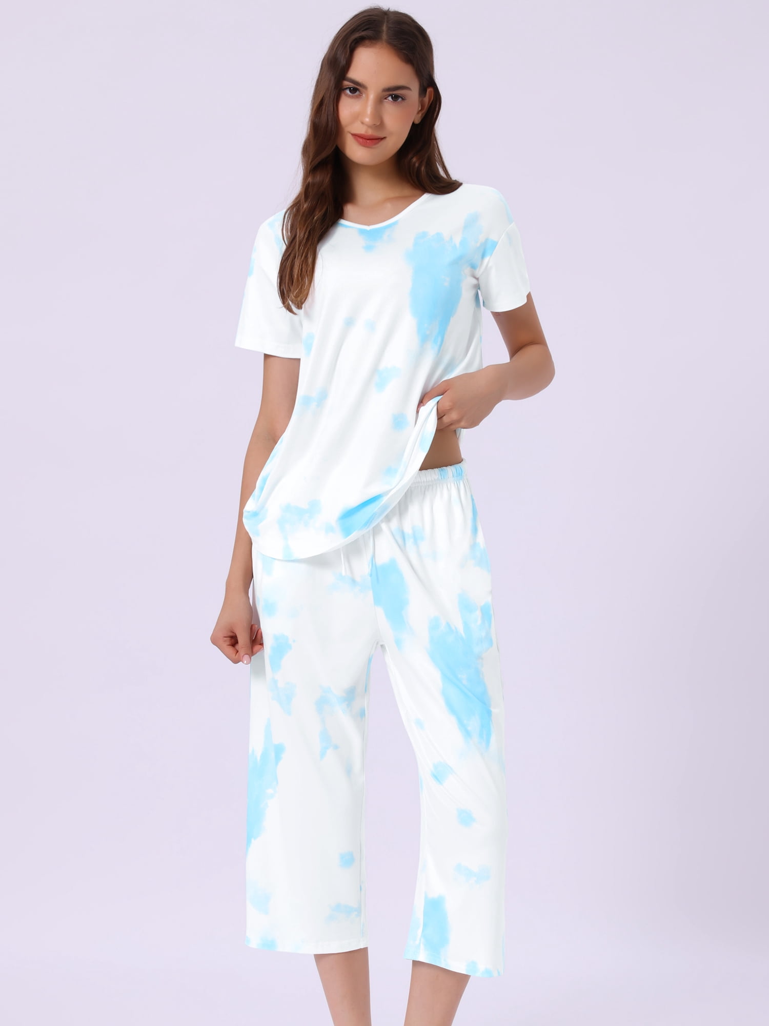 DARING DIVA Women's Short Sleeve Tie Dye Capri Pants with Pockets Loungewear M Blue White