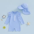 thumbnail image 5 of Boys One Piece Swimsuits Size 3-6M Striped Ruffle Long Sleeve Romper with Sun Hat Zipper Rash Guard Swimwear Toddler Kids Swimsuit, 5 of 7