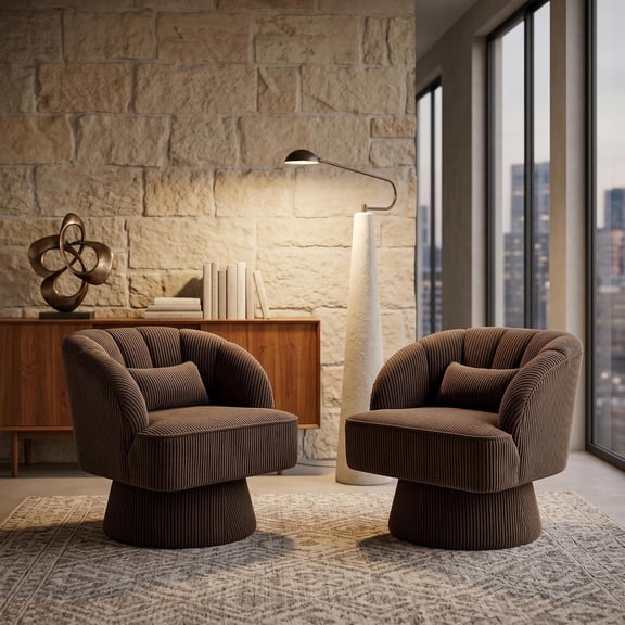 Set of 2 Corduroy Swivel Barrel Accent Chairs, 360° Upholstered Round Armchairs with Striped Backrest for Living Room, Bedroom, Reading Nook,Brown