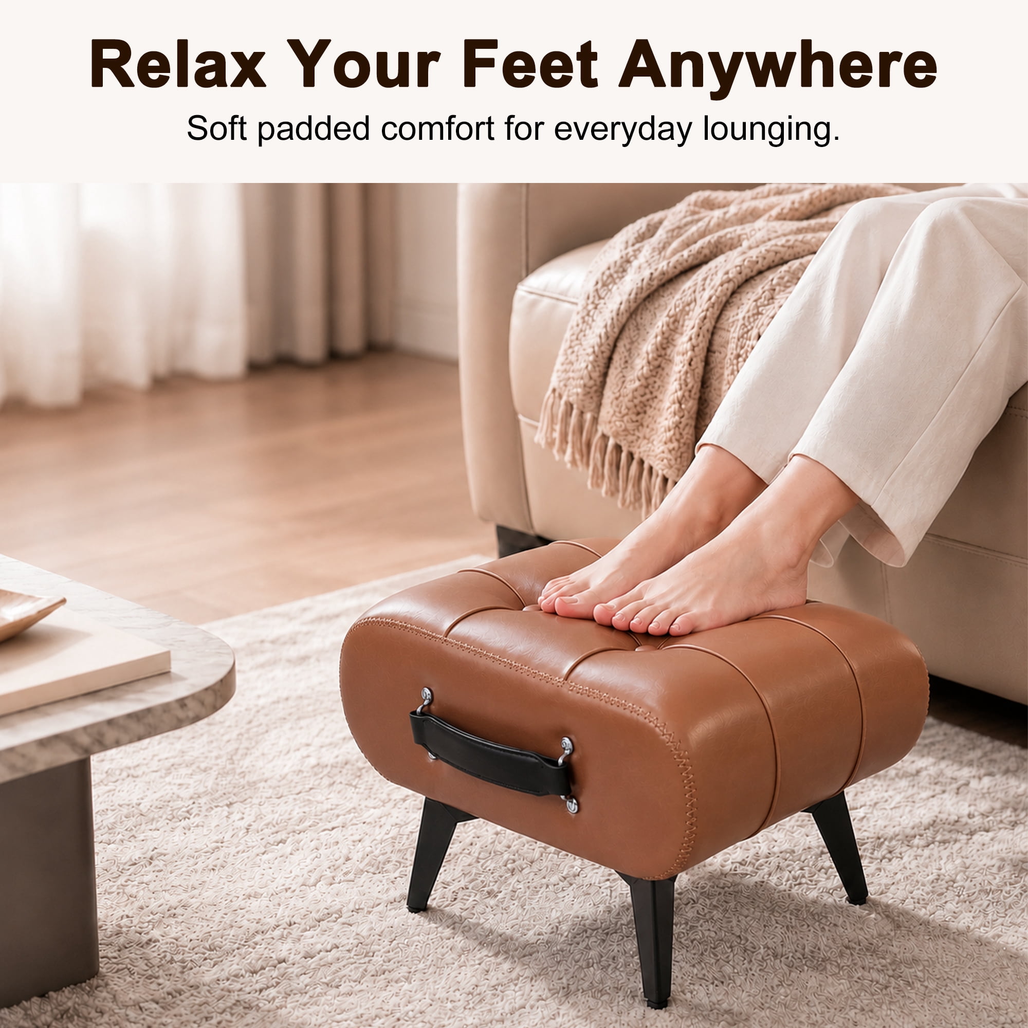 Leumius Modern Leather Stool with Hidden Storage,Portable Handles & Metal Legs,Square Footrest for Living Room,Orange