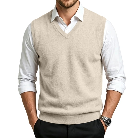 Meltox Men’s Wool Blend Vest Sweater V Neck Sleeveless Knitted Pullover Relaxed Fit Beige L