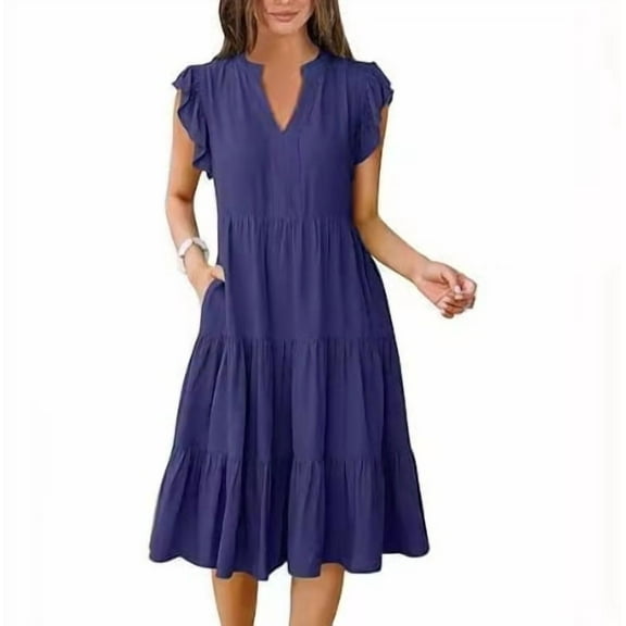 Women's Casual V Neck Ruffle Sleeve Midi Dress Tiered Flowy Pocket Loose Fit Summer Beach Vacation Sundress