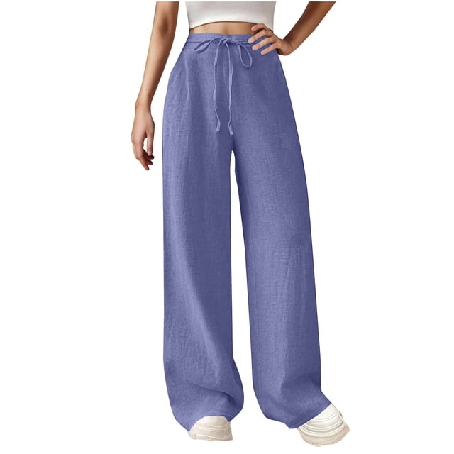 Timegard Pants for Women Wide Leg Drawstring High Waist Lightweight Casual Loose Trousers Solid Color