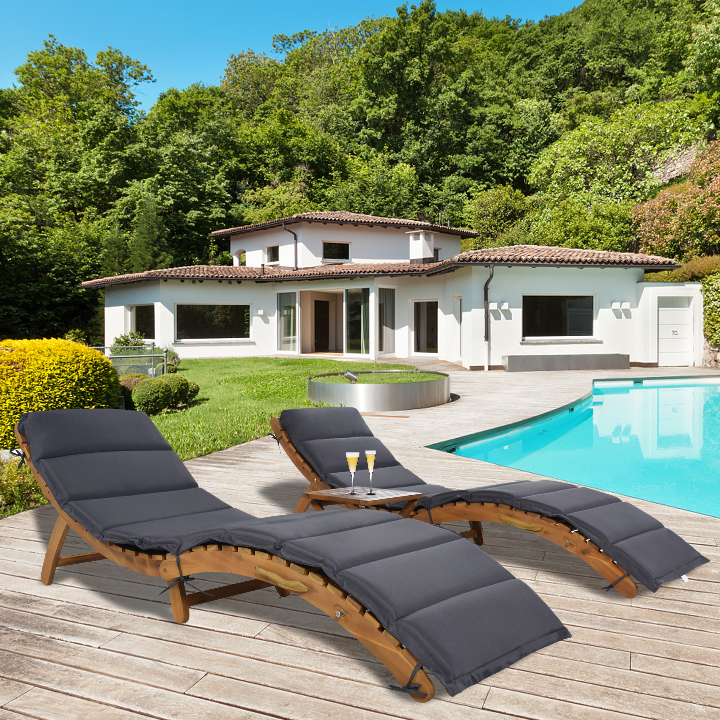 3 Pieces Outdoor Chaise Lounge Set, Wood Patio Furniture Set Extended, 2 Foldable Chaise Lounge Chair with 1 Table, Sun Lounger for Poolside Beach Patio, Brown Lounger + Gray Cushion - image 2 of 9