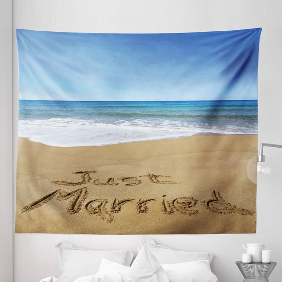 Beach Tapestry, Just Married Written on Sandy Beach Ocean Waves Romantic Photo Celebration, Fabric Wall Hanging Decor for Bedroom Living Room Dorm, 5 Sizes, Blue Brown White, by Ambesonne