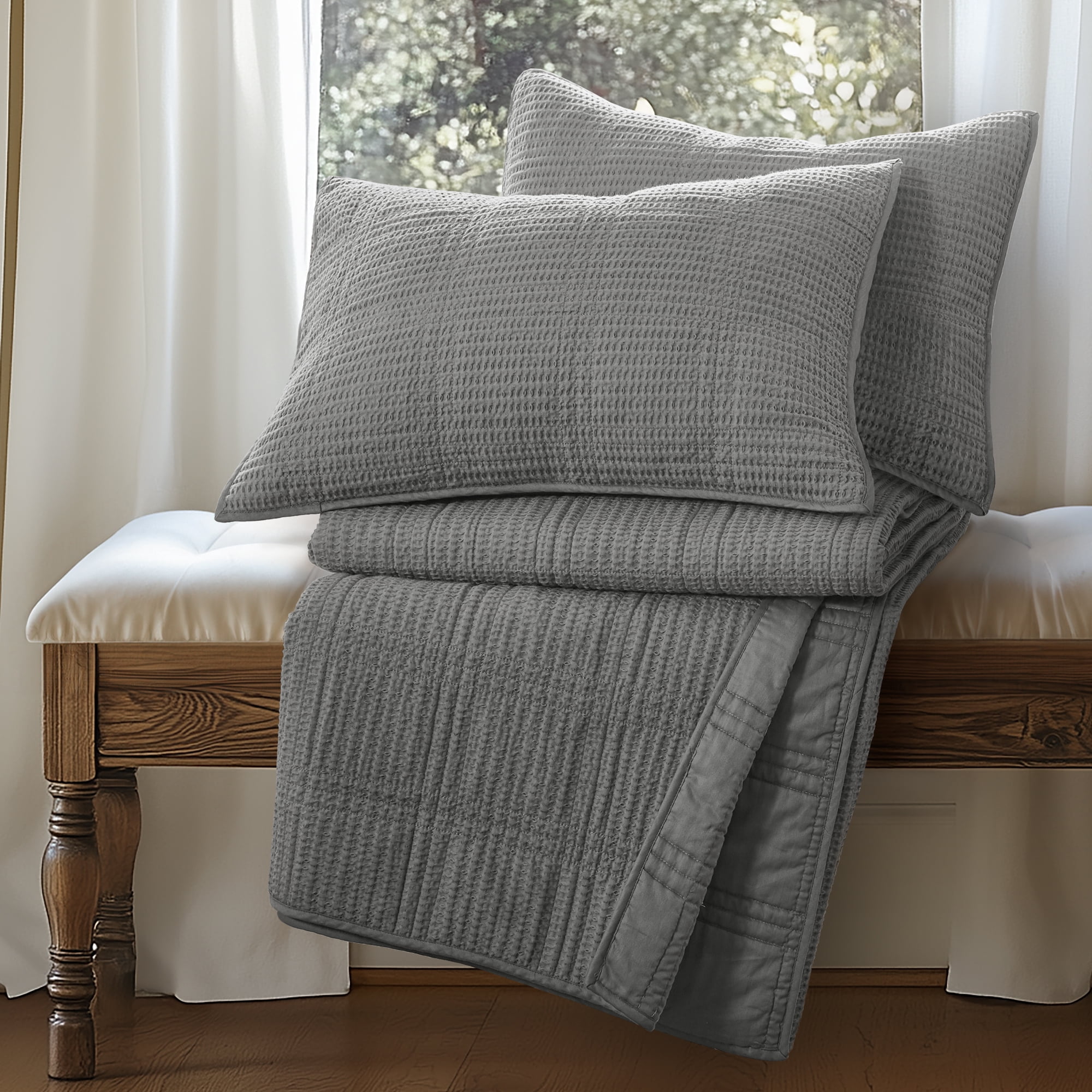 Levtex Home - Cloud Waffle Quilt Set - Full/Queen Quilt and Two Standard Shams - Waffle Textured - Grey - Quilt (88x92in.) and Shams (20x26in.) - Reversible - Cotton