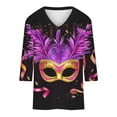 thumbnail image 4 of YUGYXL Women's Summer Mardi Gras 3/4 Sleeve Tshirts Fashion Plus Size Fancy Mask Printed Soft Loose Clothes Ladies V Neck Tunic Tees Carnival Theme Party Funny Tops, 4 of 4