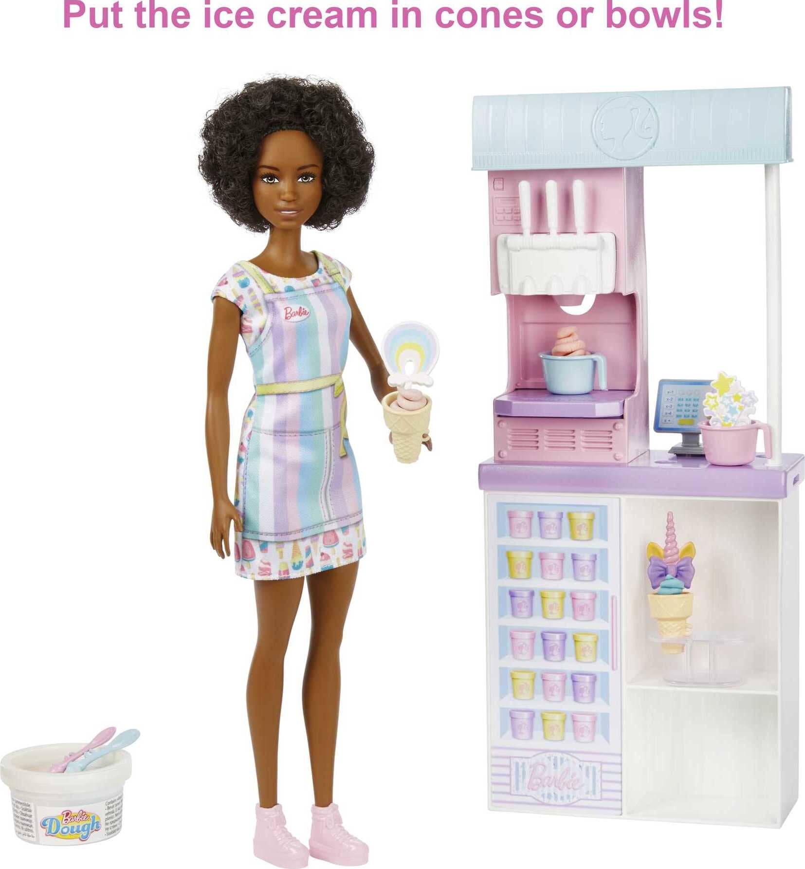 Barbie Ice Cream Shop Playset with Brunette Doll, Ice Cream Machine, Molds, Dough & Accessories