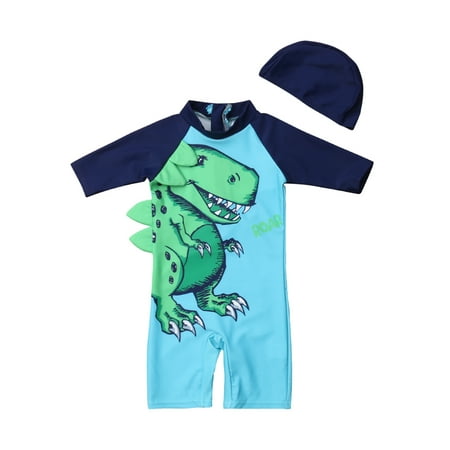 2PCS Toddler Baby Kids Boy Dinosaur Sun Protective Swimwear Rash Guard Swimsuit+Hat