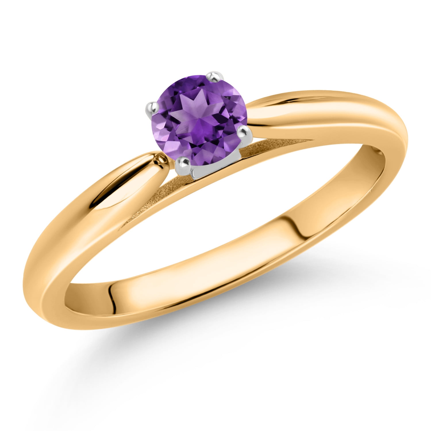 Gem Stone King 10K Yellow Gold Purple Amethyst Solitaire Engagement Ring for Women (0.25 Cttw, Gemstone February Birthstone, Round 4MM)