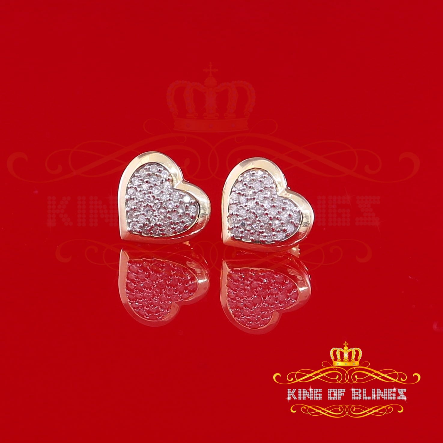 King of Bling's 10K Real Yellow Gold Real Diamond 0.25CT Men's/Women's Stud Micro Heart Earring