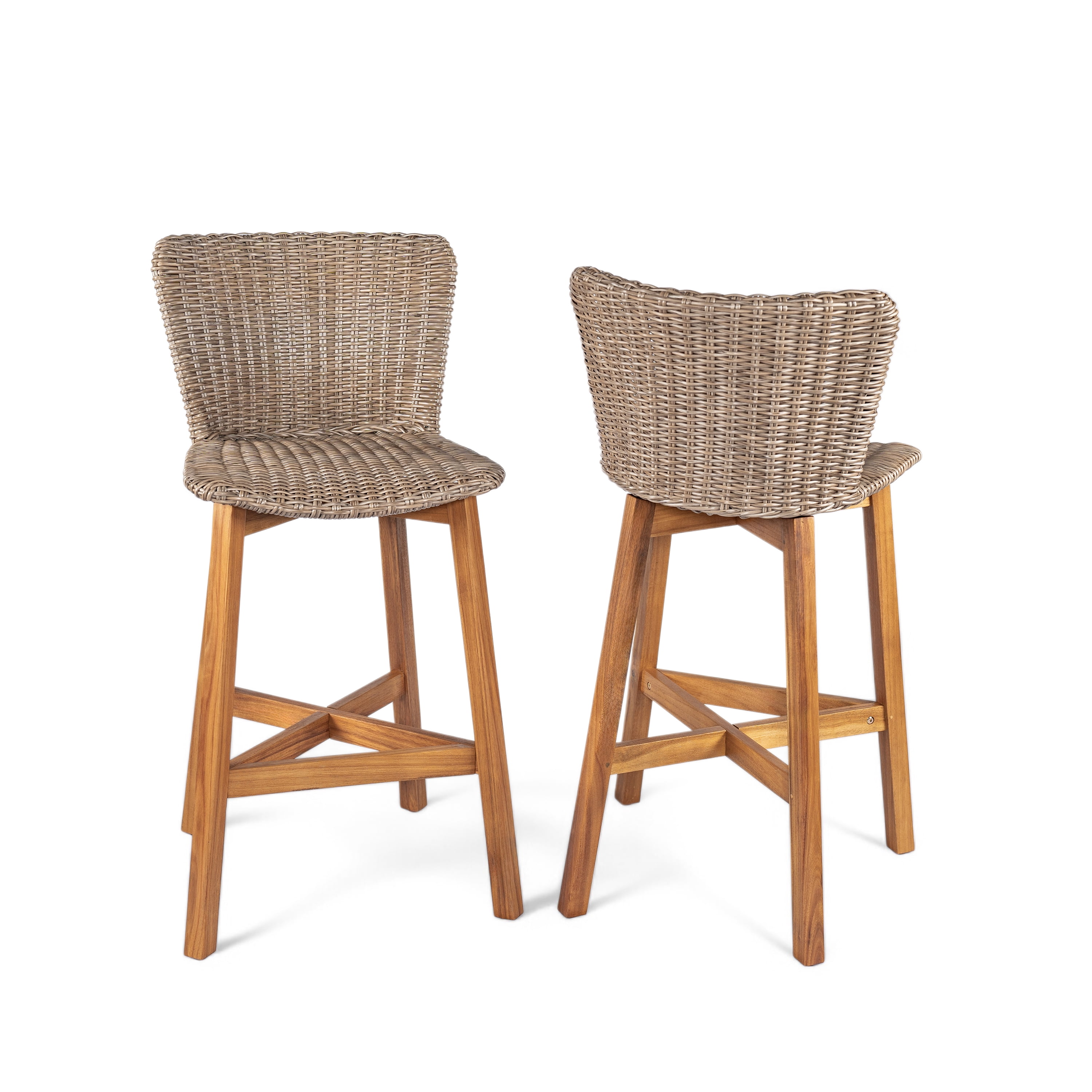 Outdoor Wood Wicker Bar Stools Set of 2 for Patio Bar, Teak