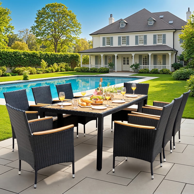 Lacoo 9 Pieces Patio Furniture Set with Acacia Wood Tabletop and Rattan Chairs, Outdoor Dining Table Set with Comfortable Beige Cushions, Black Wicker