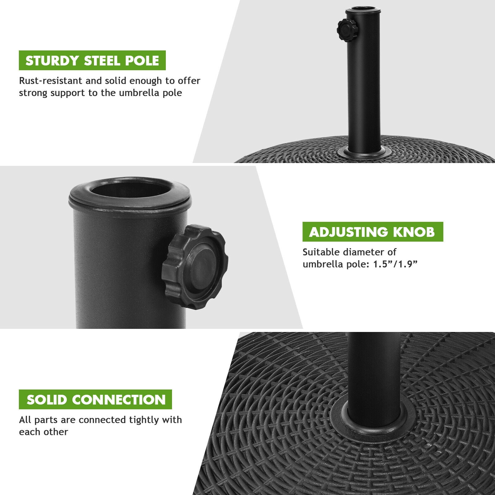 BLACK JAGUAR 49lbs Round Patio Umbrella Base Outdoor Resin Umbrella Stand W/ Rattan Design, Adjustable Knob