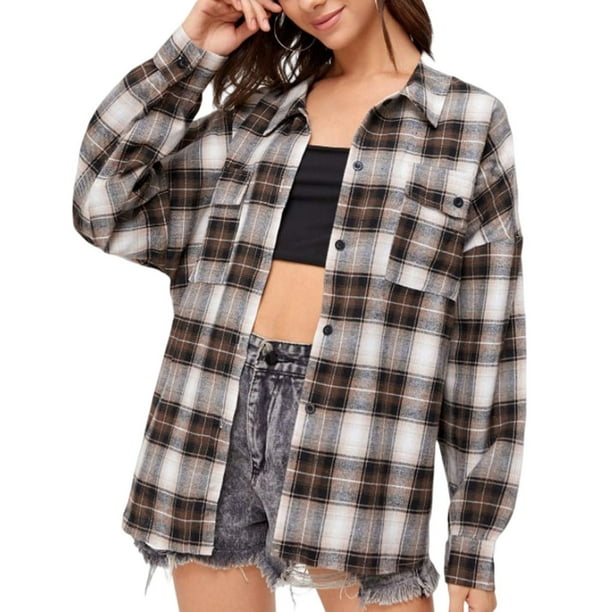 Jumpingount Blusa de poliéster para mujer con estilo a cuadros de manga larga con cuello vuelto Casual de moda para chicas camisa de mujer ropa Prendas para la parte del cuerpo L Jumpingount AP016631-04