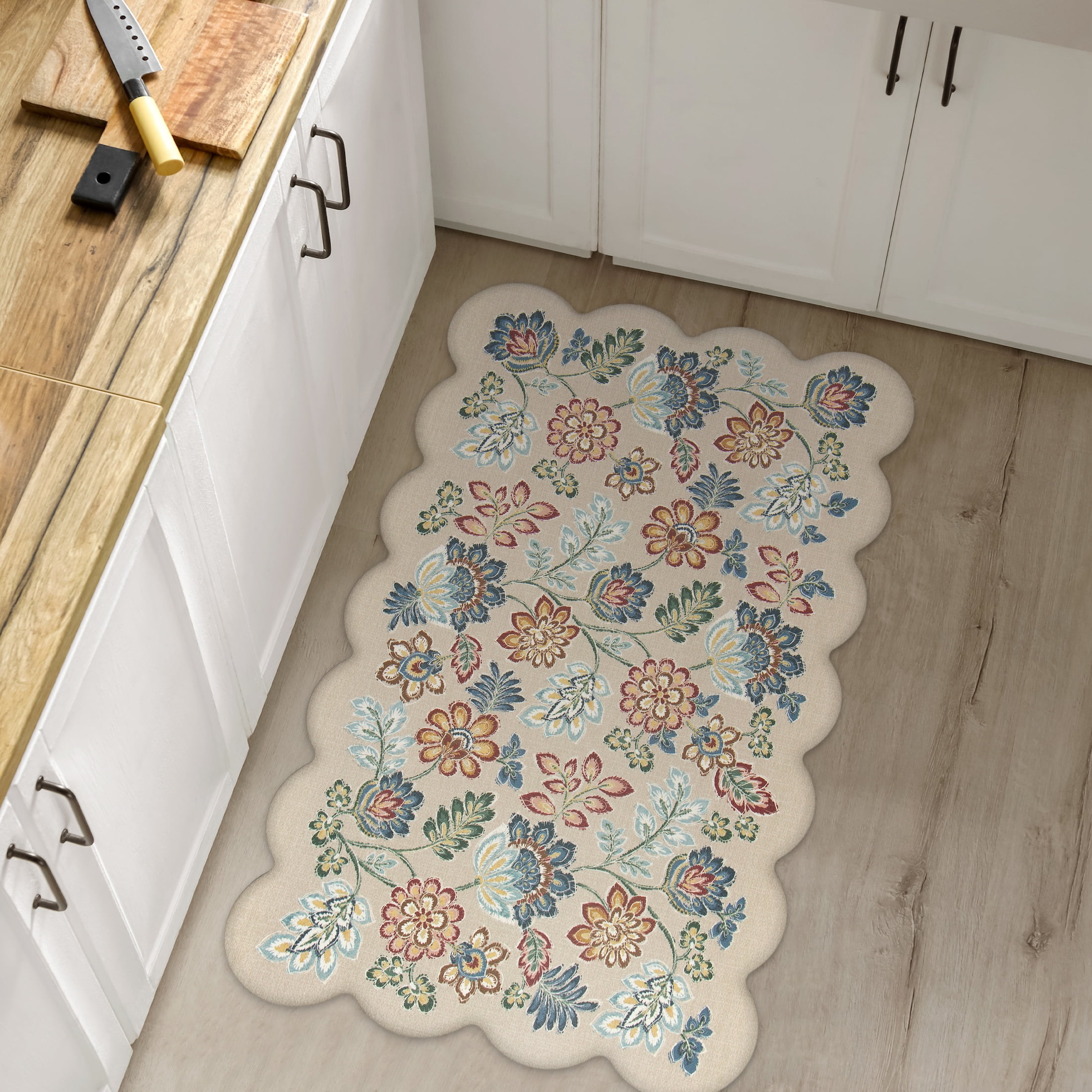 Mainstays Jacobean Scalloped Edge 18 in x 30 in Anti-Fatigue Kitchen Mat, Beige