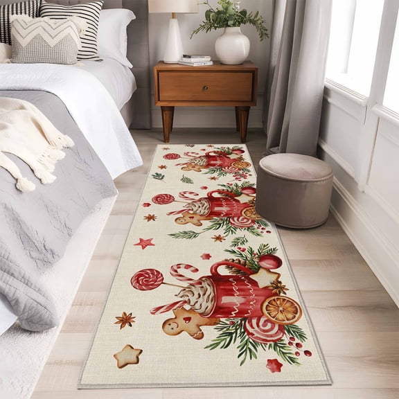 Christmas Gingerbread Runner Rug 2x6 FT,Non Slip Hallway Carpet,Winter Xmas Ball Candy Pine Leaf Beige Washable Floor Carpet Throw Runner Carpet Long Rug for Entryway Kitchen Bedside Sliding Door