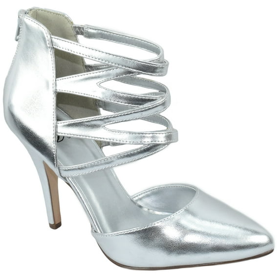 Delicious Shoes Women Ankle Strap Cut Out Criss Cross Caged Formal Dress Stiletto High Heels Pointy Toe Back Zipper WISH-S Metallic Silver 9