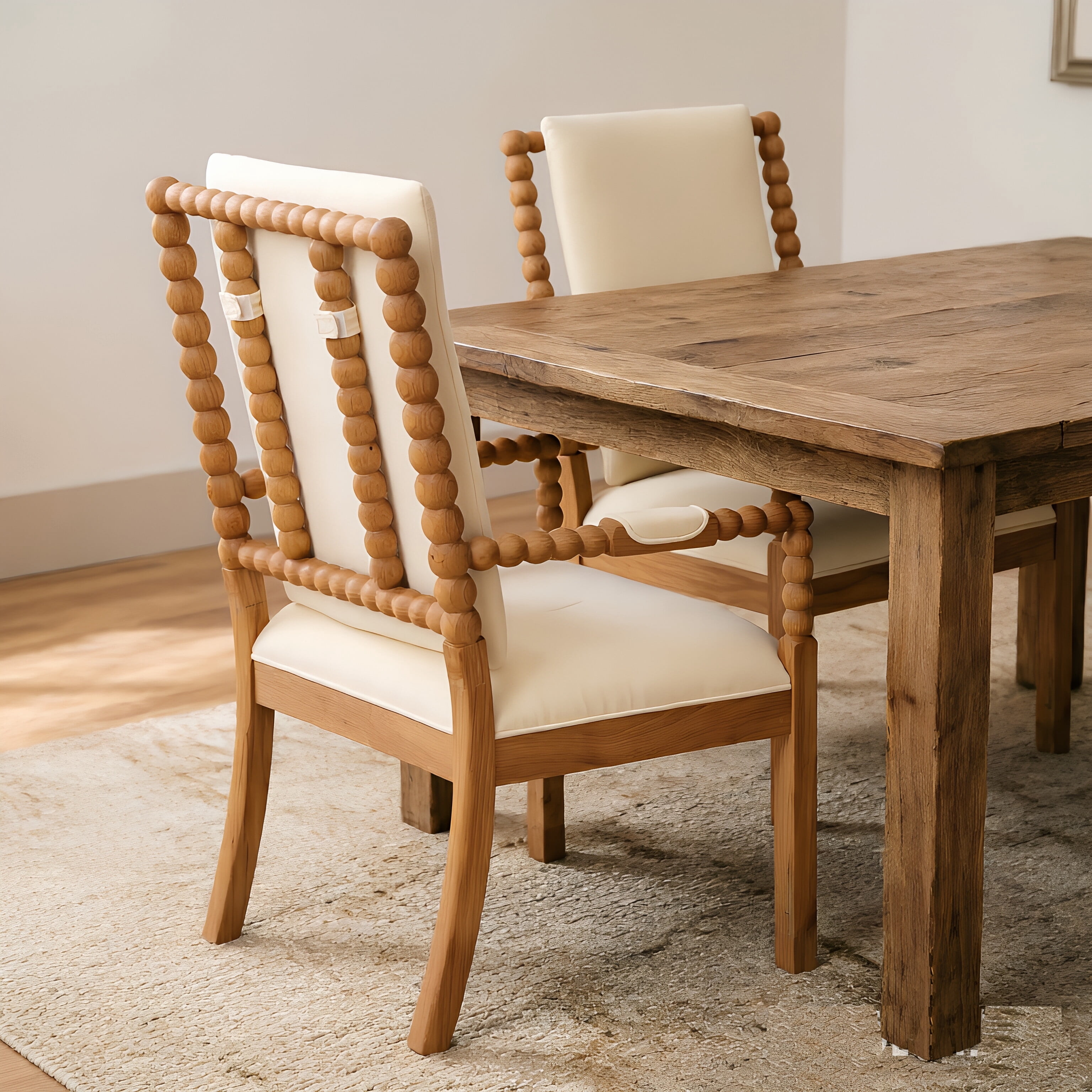 Garitin Dining Chair Set of 2 and Rubber Wood Side Chairs, Fabric Upholstered Seating with Spindle Back for Kitchen and Dining Room, Natural and Beige