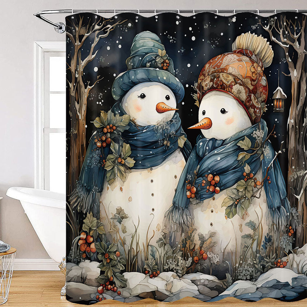 Merry Christmas Fabric Shower Curtain, Winter Snowman Shower Curtain Sets with Hooks, Xmas Snowman in Snowy Forest Waterproof Bathroom Accessories Decor 70X70in