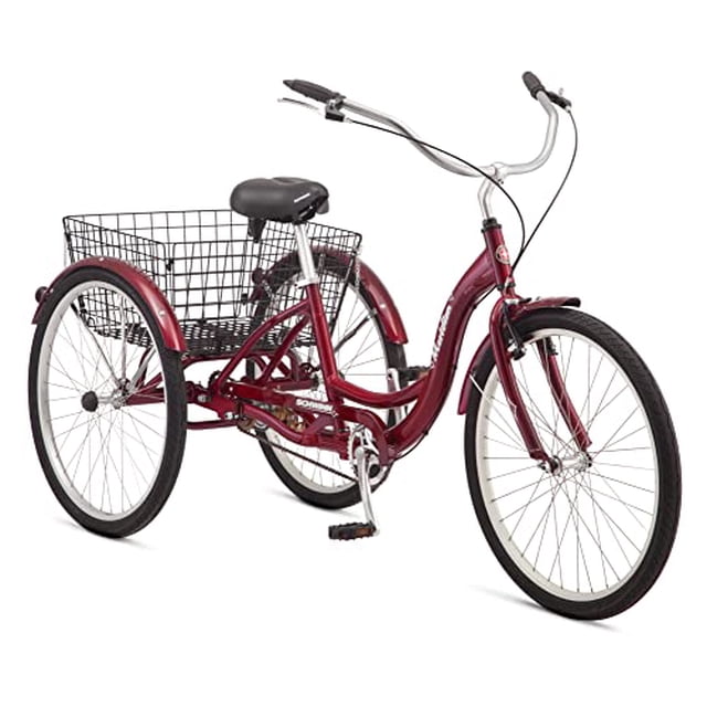 Schwinn Meridian Adult Tricycle Bike, Three Wheel Cruiser, 26-Inch Wheels, Low Step-Through Aluminum Frame, Adjustable Handlebars, Large Cruiser Seat, Rear Folding Basket, Single-Speed, Black Cherry